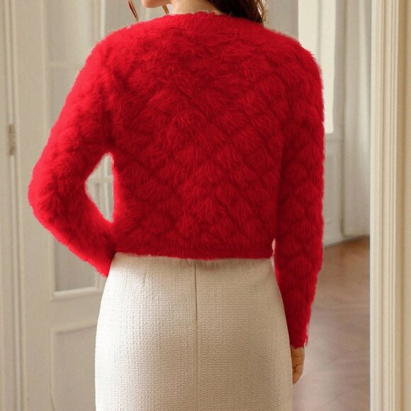 Red Casual Women's V-Neck Studded Fuzzy soft Cardigan Sweater - Picture 2 of 7